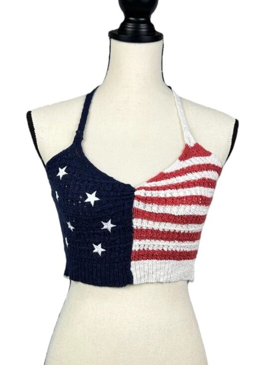American Eagle Outfitters Tops - American Eagle Crochet American Flag Crop Halter Top Women’s XS Boho Festival